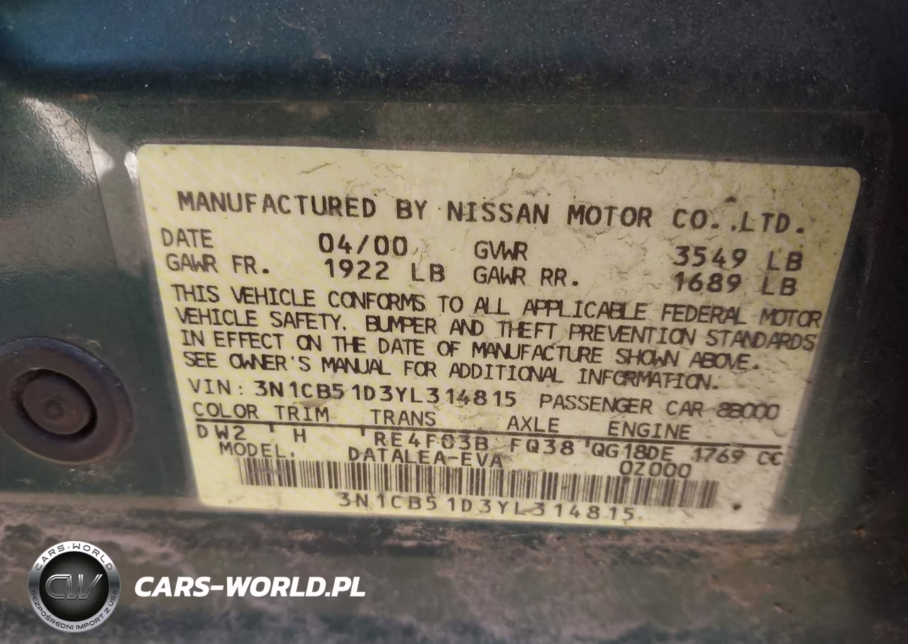 2000 Nissan Sentra Gxe-Xe VIN:3N1CB51D3YL314815 - 9