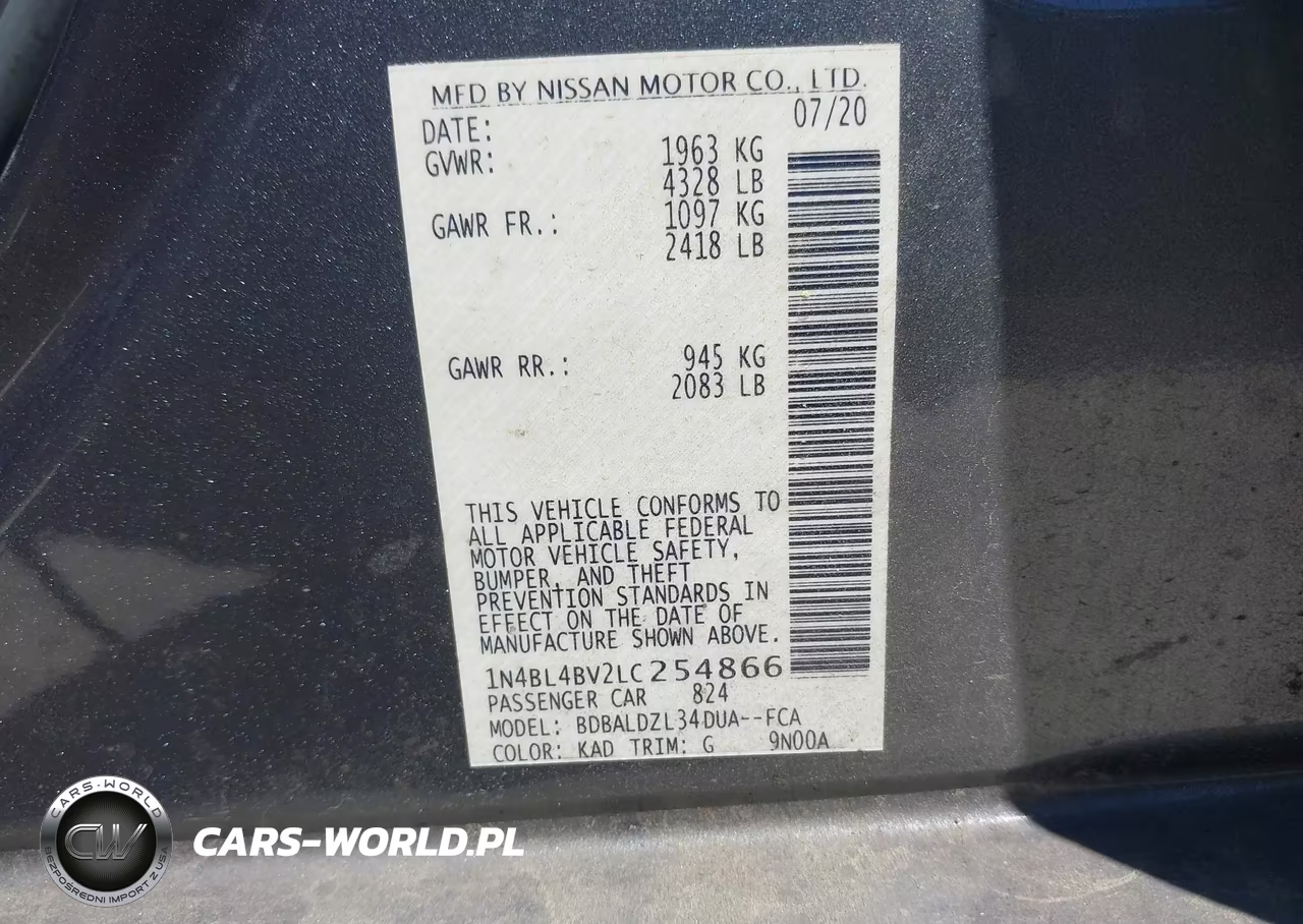 2020 Nissan Altima S Fwd VIN:1N4BL4BV2LC254866 - 9