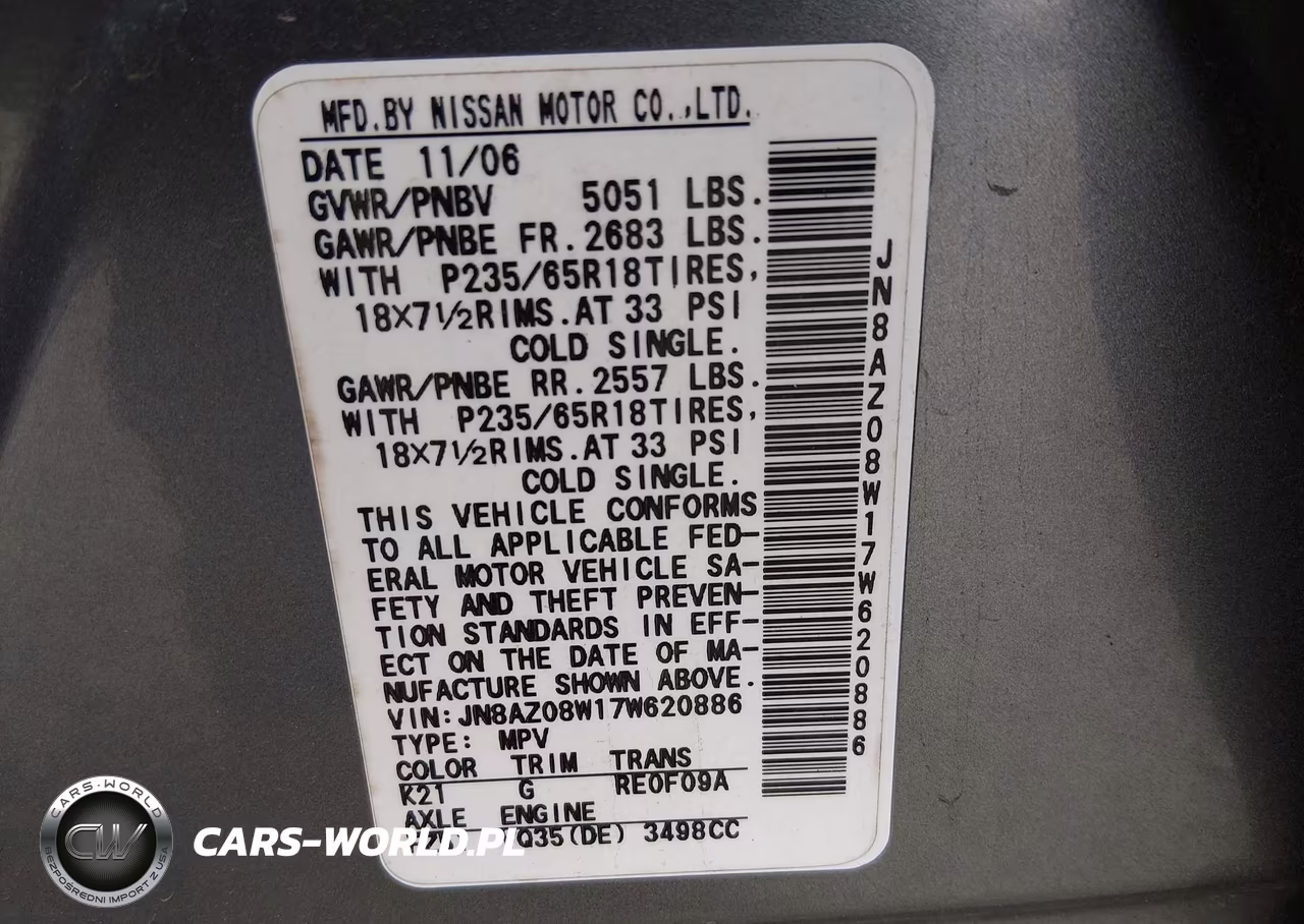 2007 Nissan Murano Sl VIN:JN8AZ08W17W620886 - 9