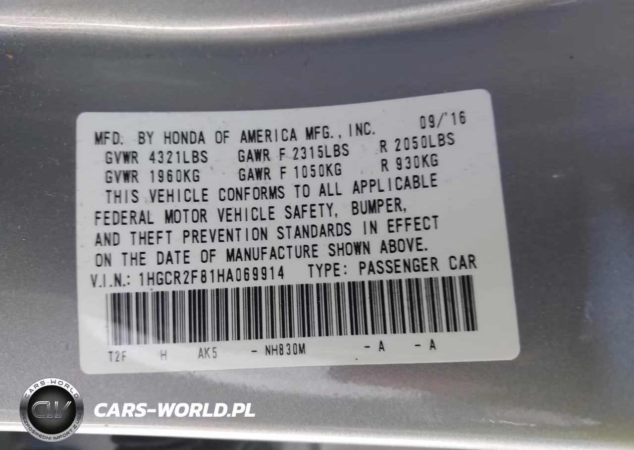 2017 Honda Accord Ex-L VIN:1HGCR2F81HA069914 - 9