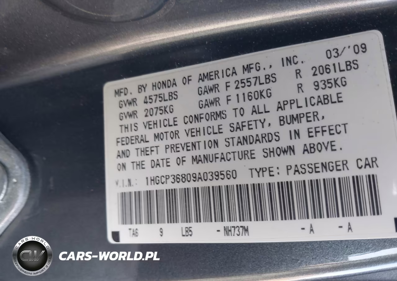 2009 Honda Accord 3.5 Ex-L VIN:1HGCP36809A039560 - 9