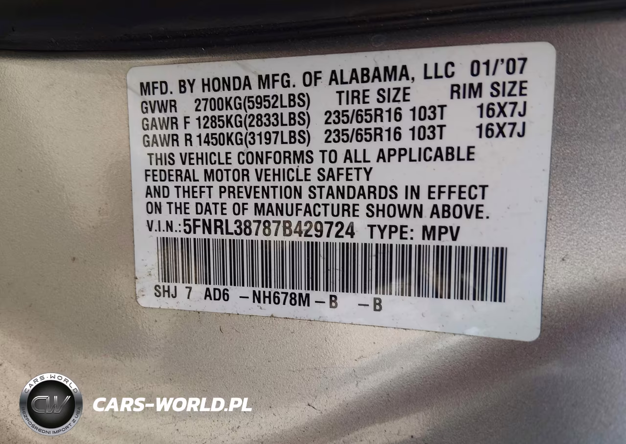 2007 Honda Odyssey Ex-L VIN:5FNRL38787B429724 - 9