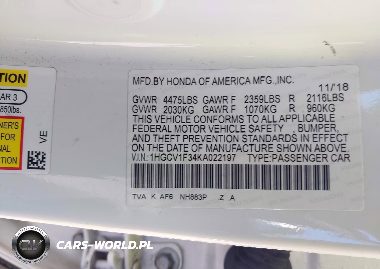 2019 Honda Accord Sport VIN:1HGCV1F34KA022197 - 9