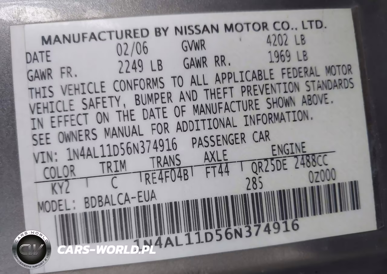 2006 Nissan Altima 2.5 S VIN:1N4AL11D56N374916 - 9