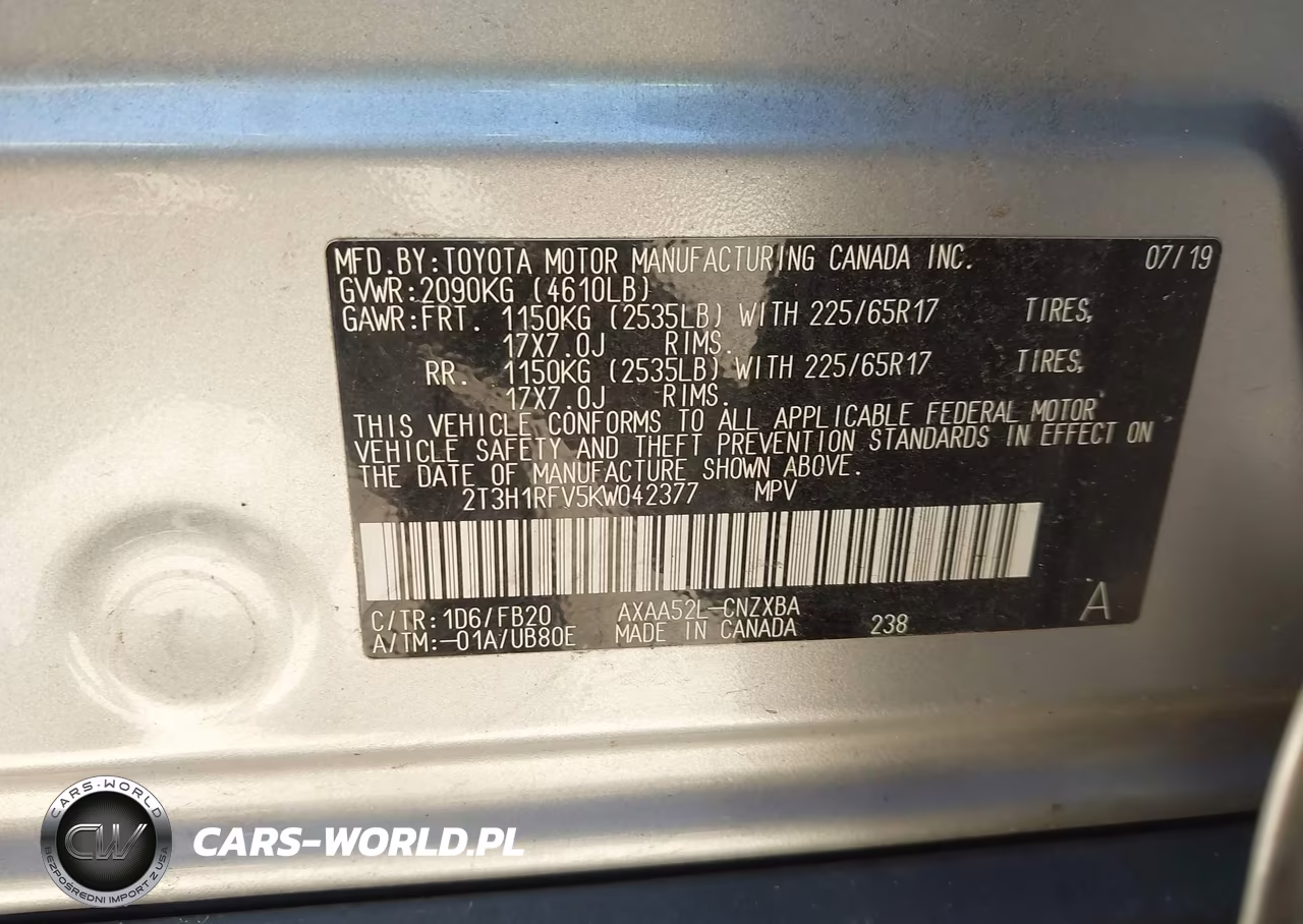 2019 Toyota Rav4 Le VIN:2T3H1RFV5KW042377 - 9