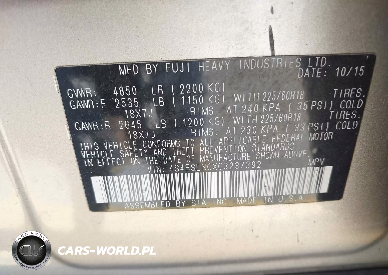 2016 Subaru Outback 3.6R Limited VIN:4S4BSENCXG3237392 - 9