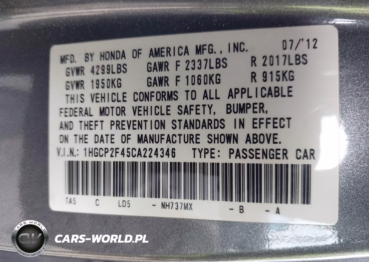 2012 Honda Accord 2.4 Lx-P VIN:1HGCP2F45CA224346 - 9