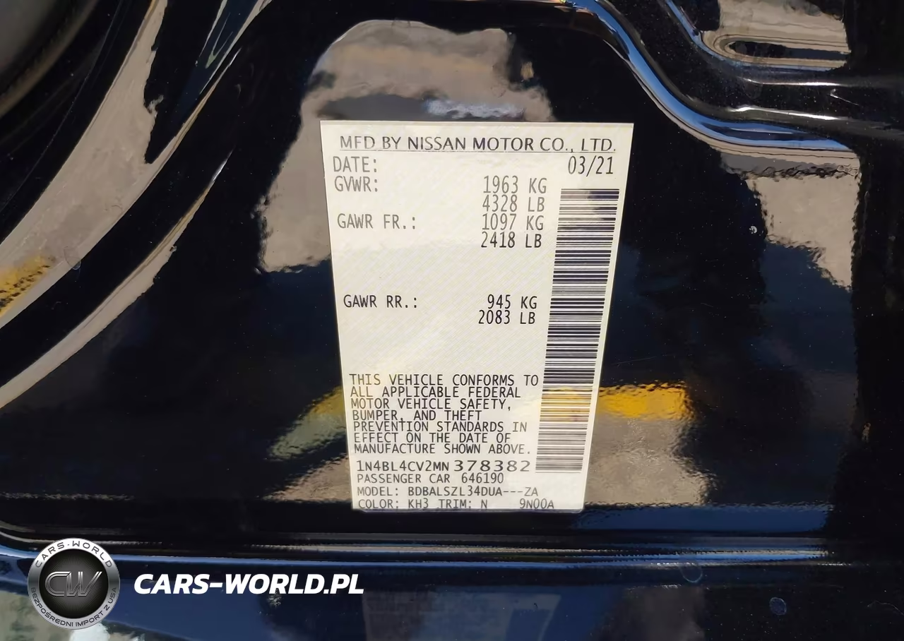 2021 Nissan Altima Sr Fwd VIN:1N4BL4CV2MN378382 - 9