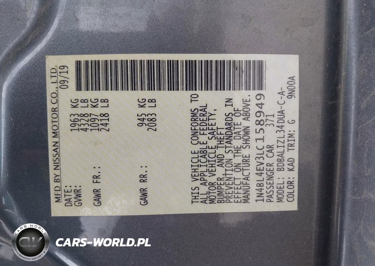 2020 Nissan Altima Sl Fwd VIN:1N4BL4EV3LC158949 - 9