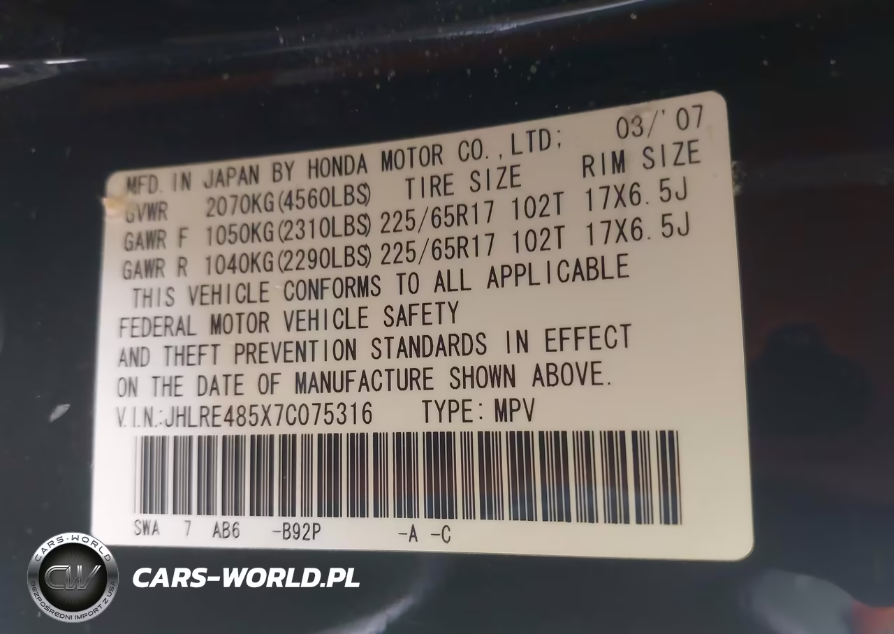 2007 Honda Cr-V Ex VIN:JHLRE485X7C075316 - 9