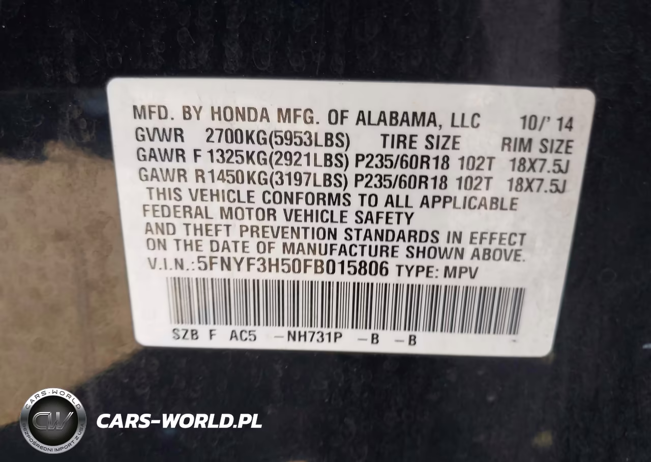 2015 Honda Pilot Ex-L VIN:5FNYF3H50FB015806 - 9