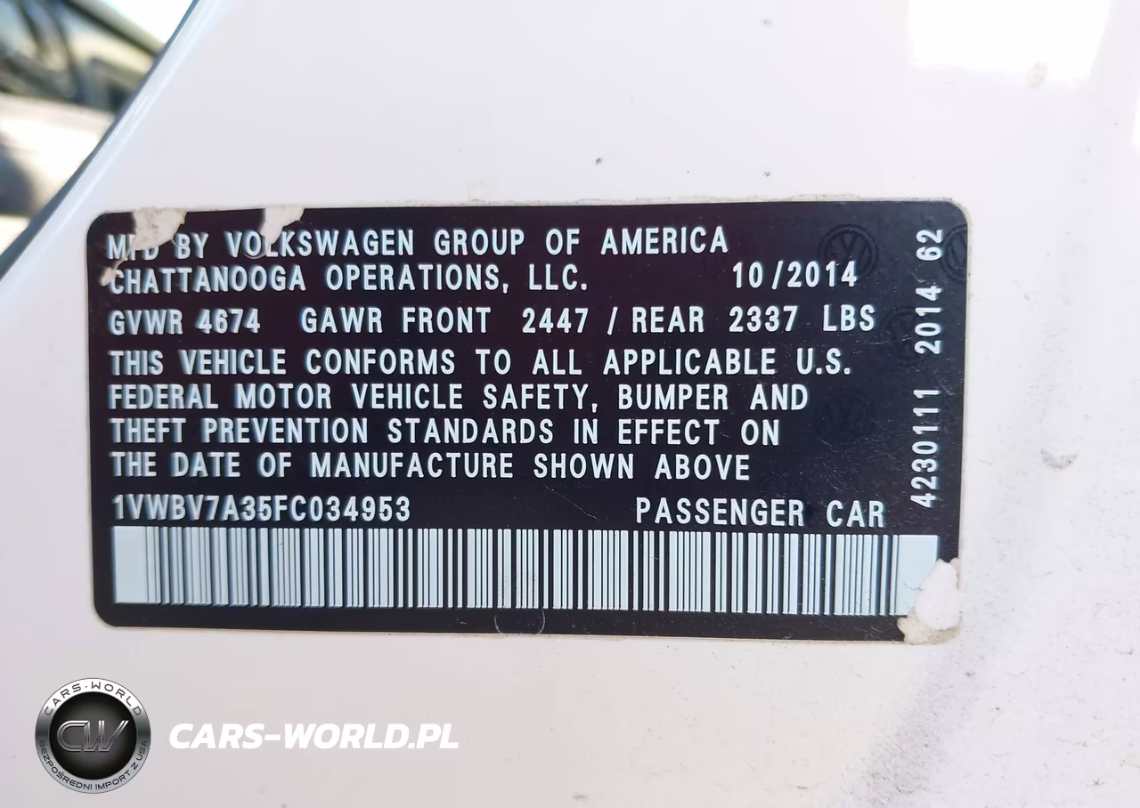 2015 Volkswagen Passat 2.0L Tdi Se VIN:1VWBV7A35FC034953 - 9