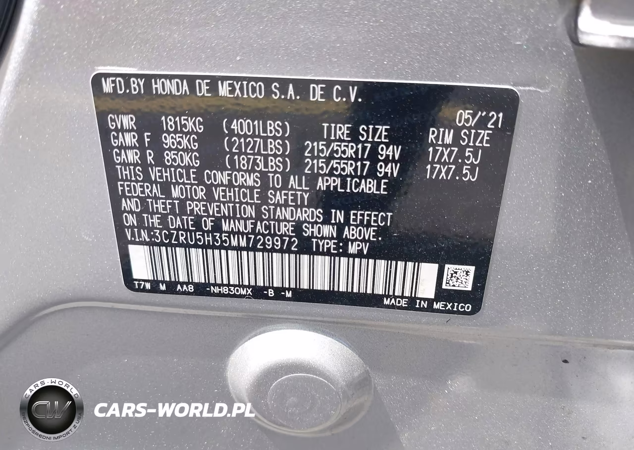 2021 Honda Hr-V 2Wd Lx VIN:3CZRU5H35MM729972 - 9