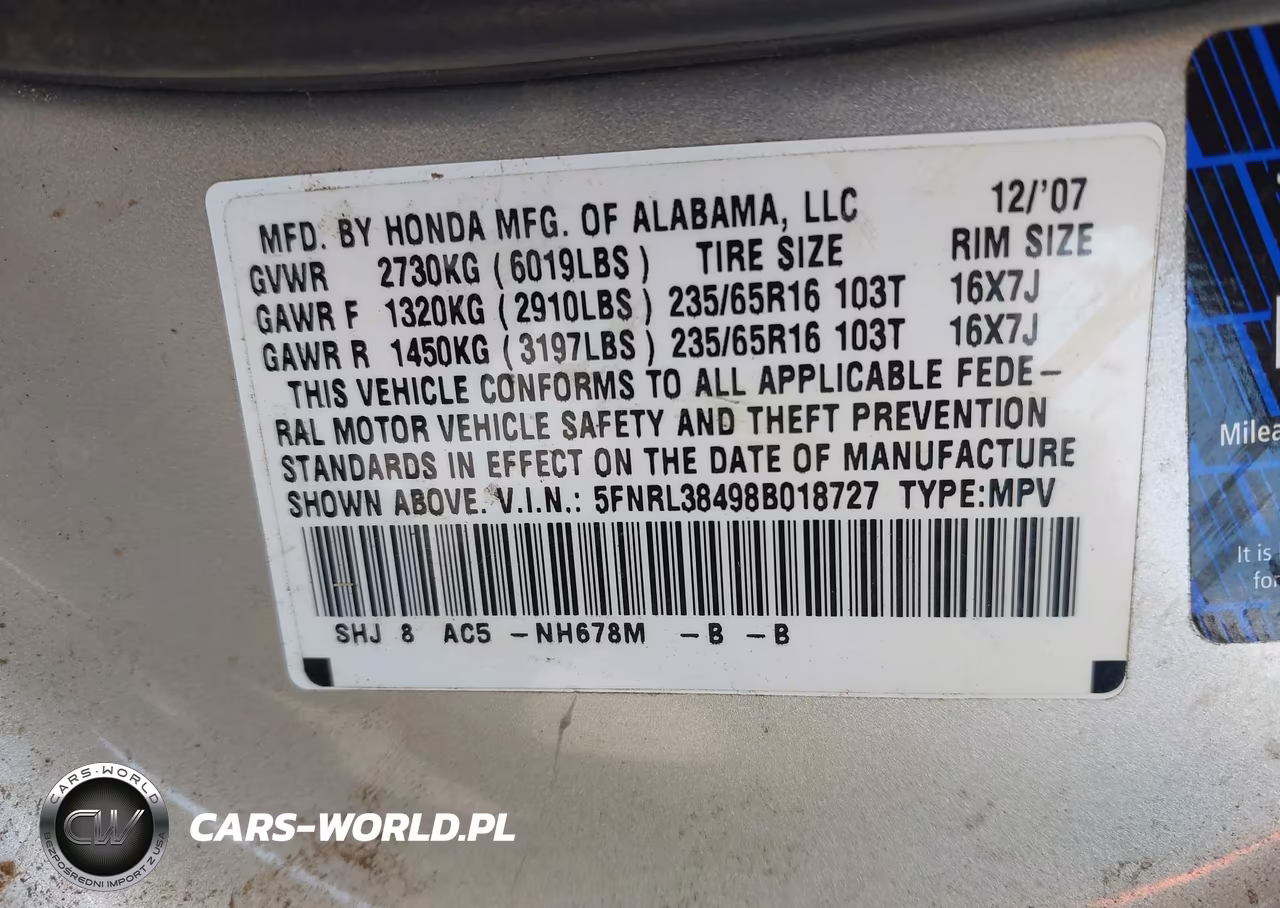 2008 Honda Odyssey Ex VIN:5FNRL38498B018727 - 9