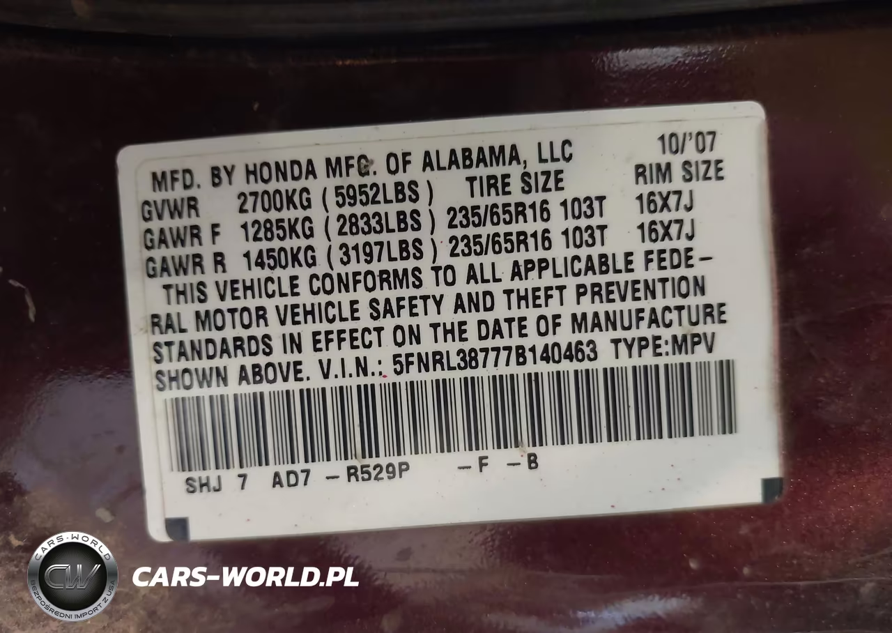 2007 Honda Odyssey Ex-L VIN:5FNRL38777B140463 - 9