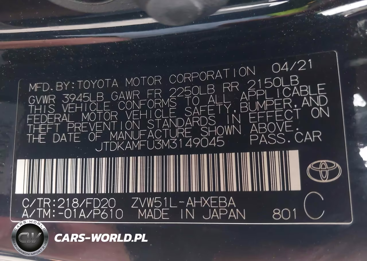2021 Toyota Prius Le VIN:JTDKAMFU3M3149045 - 9