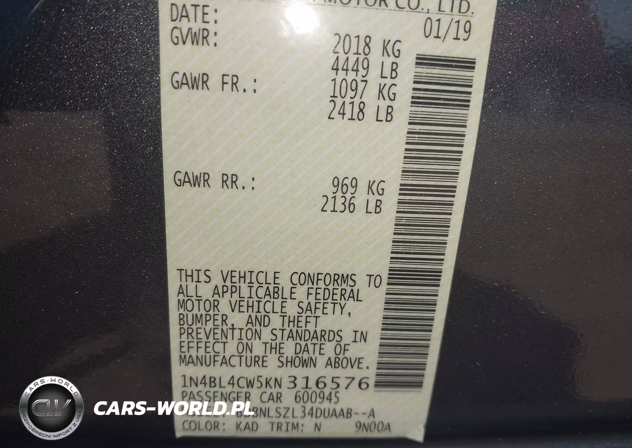 2019 Nissan Altima 2.5 Sr VIN:1N4BL4CW5KN316576 - 9