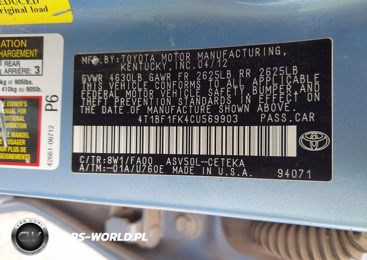 2012 Toyota Camry L VIN:4T1BF1FK4CU569903 - 9