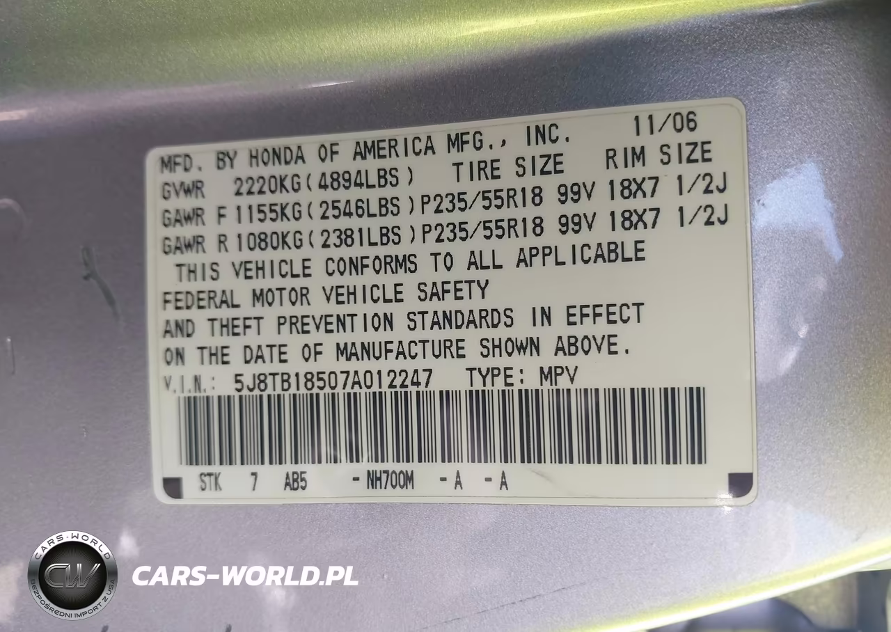2007 Acura Rdx VIN:5J8TB18507A012247 - 9