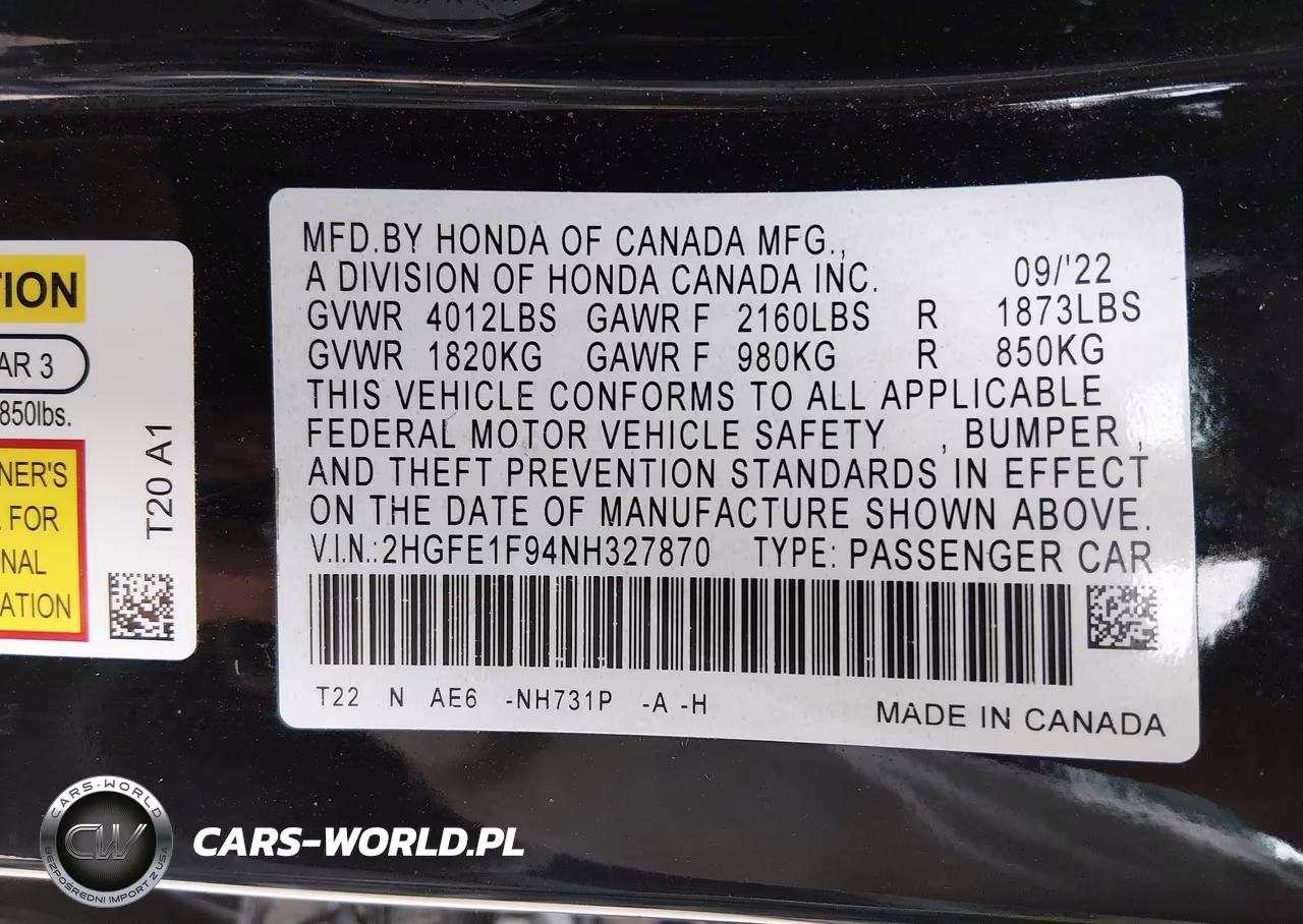 2022 Honda Civic Touring VIN:2HGFE1F94NH327870 - 9
