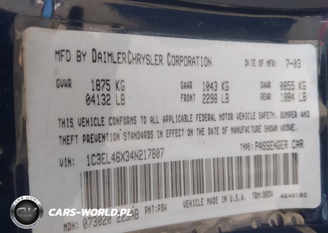 2004 Chrysler Sebring Lx VIN:1C3EL46X34N217807 - 9