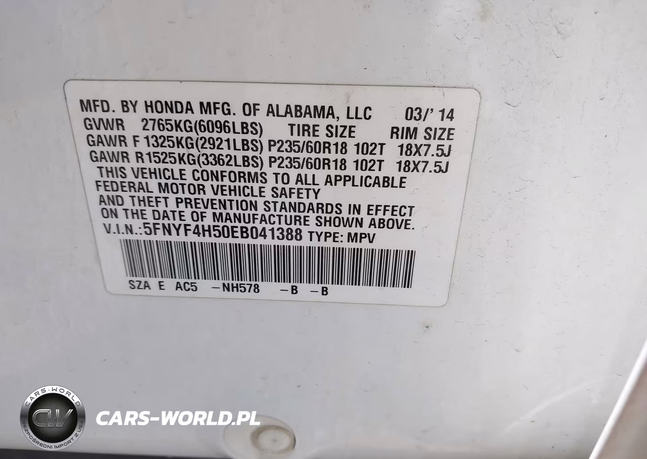 2014 Honda Pilot Ex-L VIN:5FNYF4H50EB041388 - 9