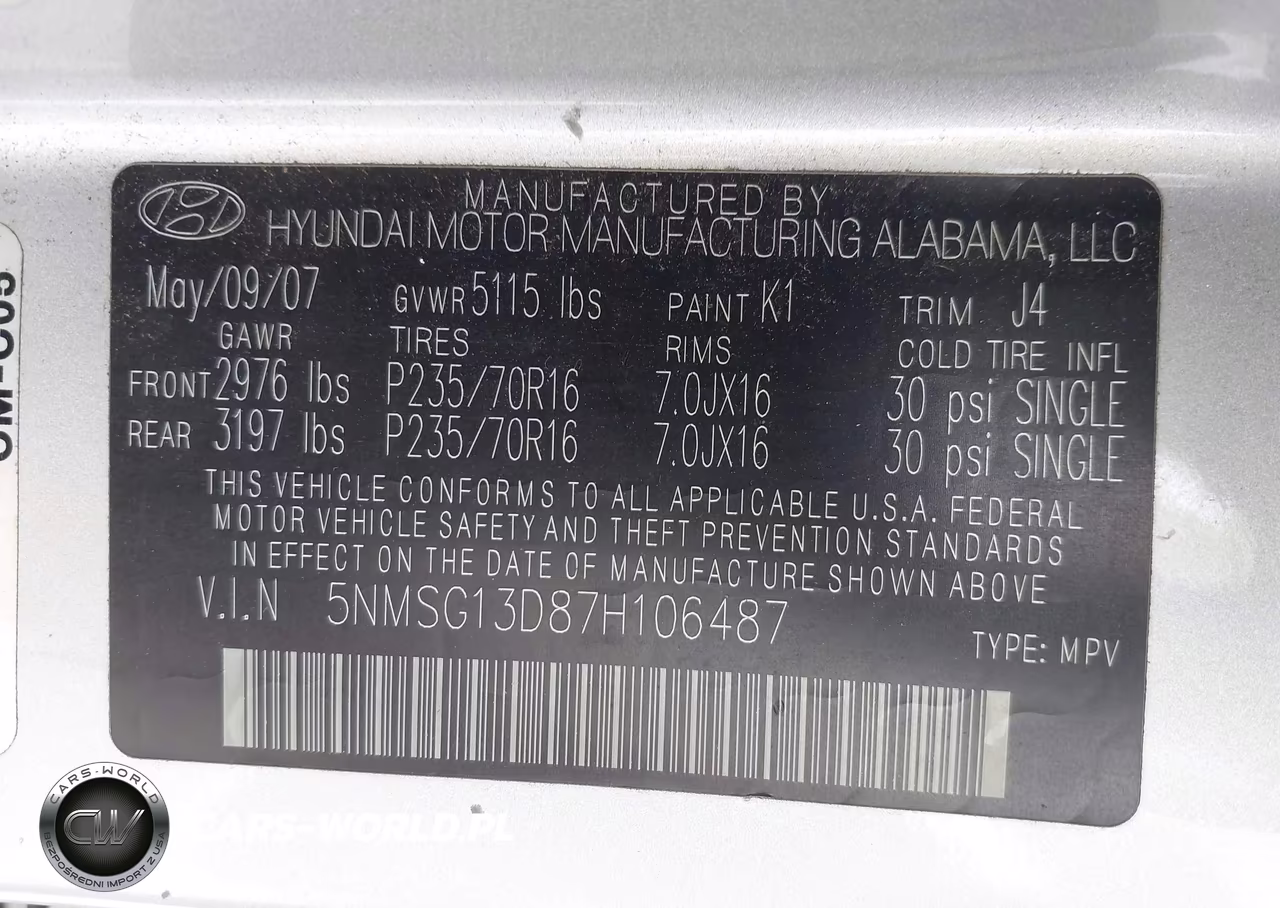 2007 Hyundai Santa Fe Gls VIN:5NMSG13D87H106487 - 9
