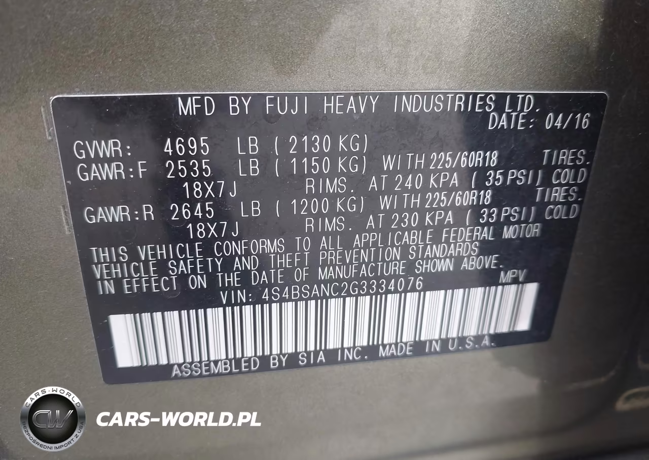 2016 Subaru Outback 2.5I Limited VIN:4S4BSANC2G3334076 - 9