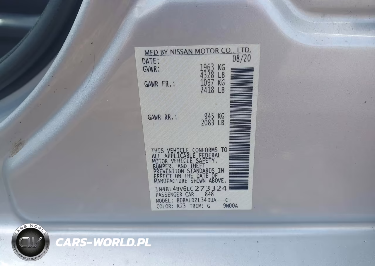 2020 Nissan Altima S Fwd VIN:1N4BL4BV6LC273324 - 9