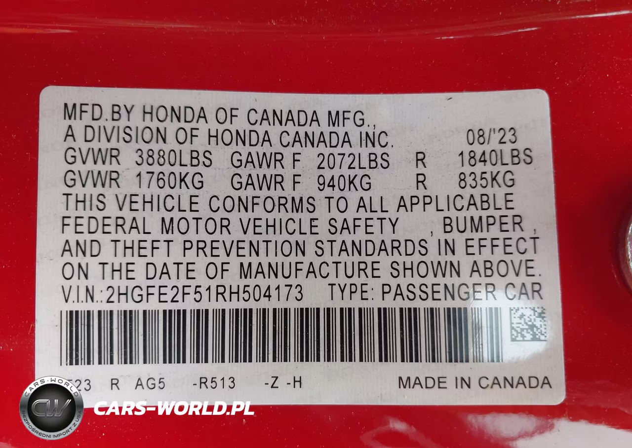 2024 Honda Civic Sport VIN:2HGFE2F51RH504173 - 9