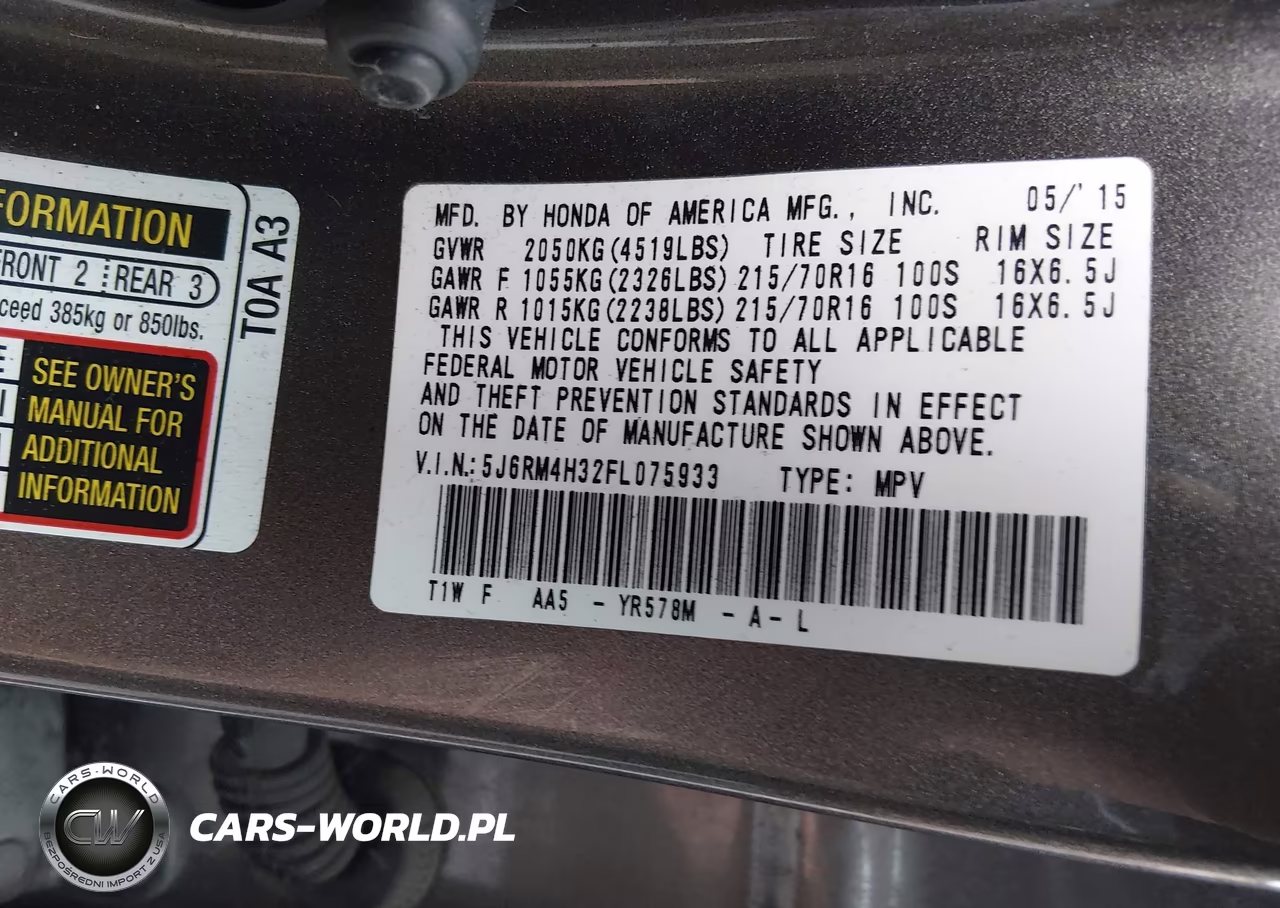 2015 Honda Cr-V Lx VIN:5J6RM4H32FL075933 - 9