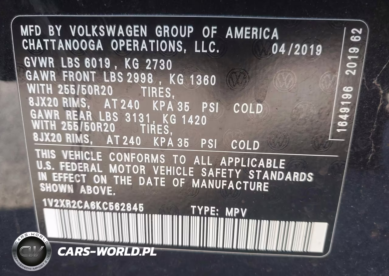 2019 Volkswagen Atlas 3.6L V6 Se W-Technology R-Line VIN:1V2XR2CA6KC562845 - 9