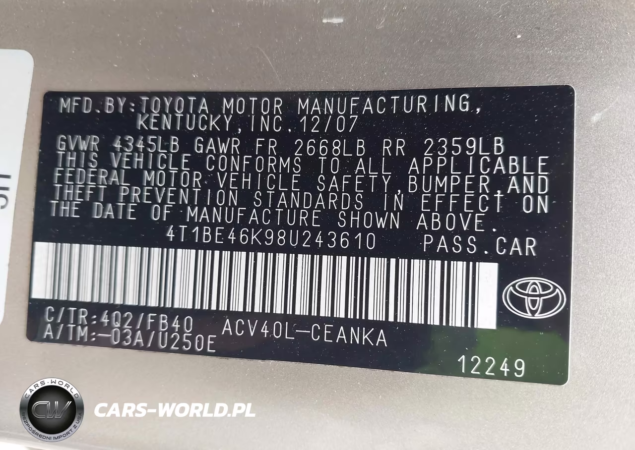 2008 Toyota Camry Le VIN:4T1BE46K98U243610 - 9