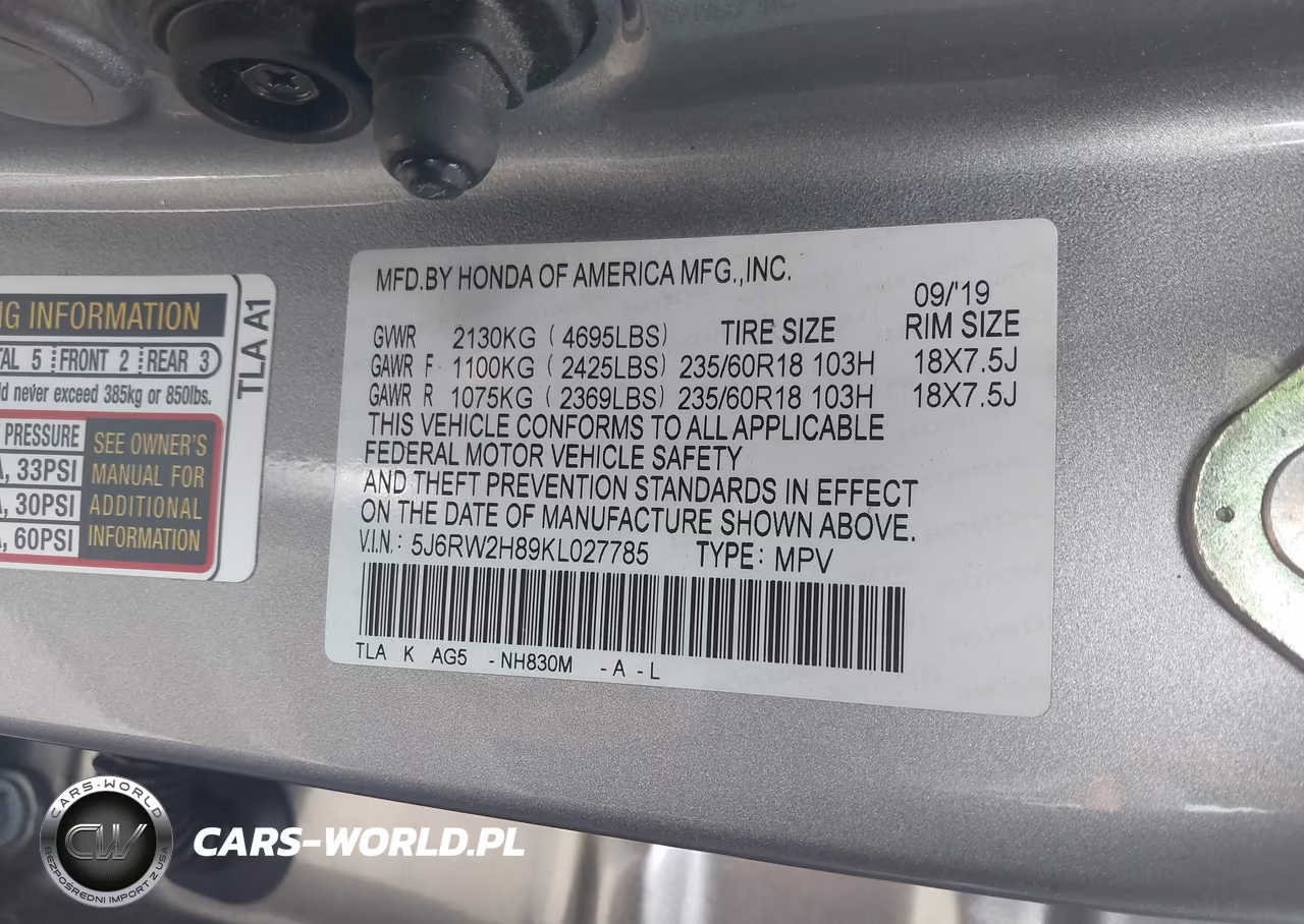 2019 Honda Cr-V Ex-L VIN:5J6RW2H89KL027785 - 9