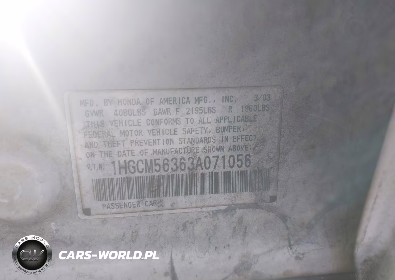 2003 Honda Accord 2.4 Lx VIN:1HGCM56363A071056 - 9