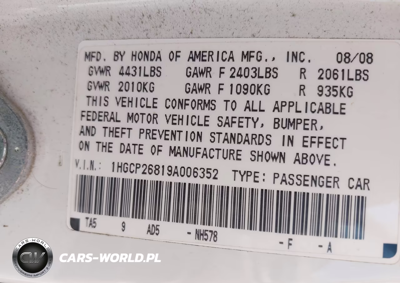 2009 Honda Accord 2.4 Ex-L VIN:1HGCP26819A006352 - 9