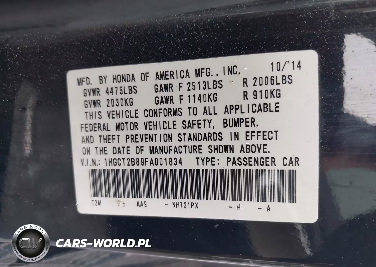 2015 Honda Accord Ex-L V-6 VIN:1HGCT2B89FA001834 - 9