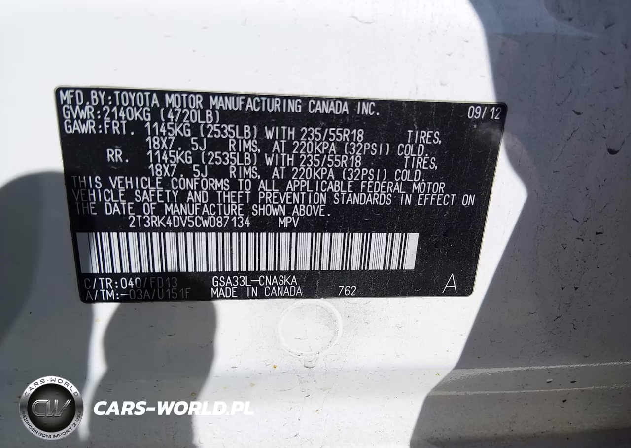 2012 Toyota Rav4 Sport VIN:2T3RK4DV5CW087134 - 9