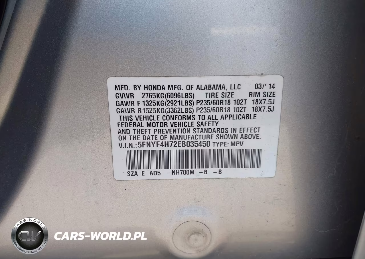 2014 Honda Pilot Ex-L VIN:5FNYF4H72EB035450 - 9