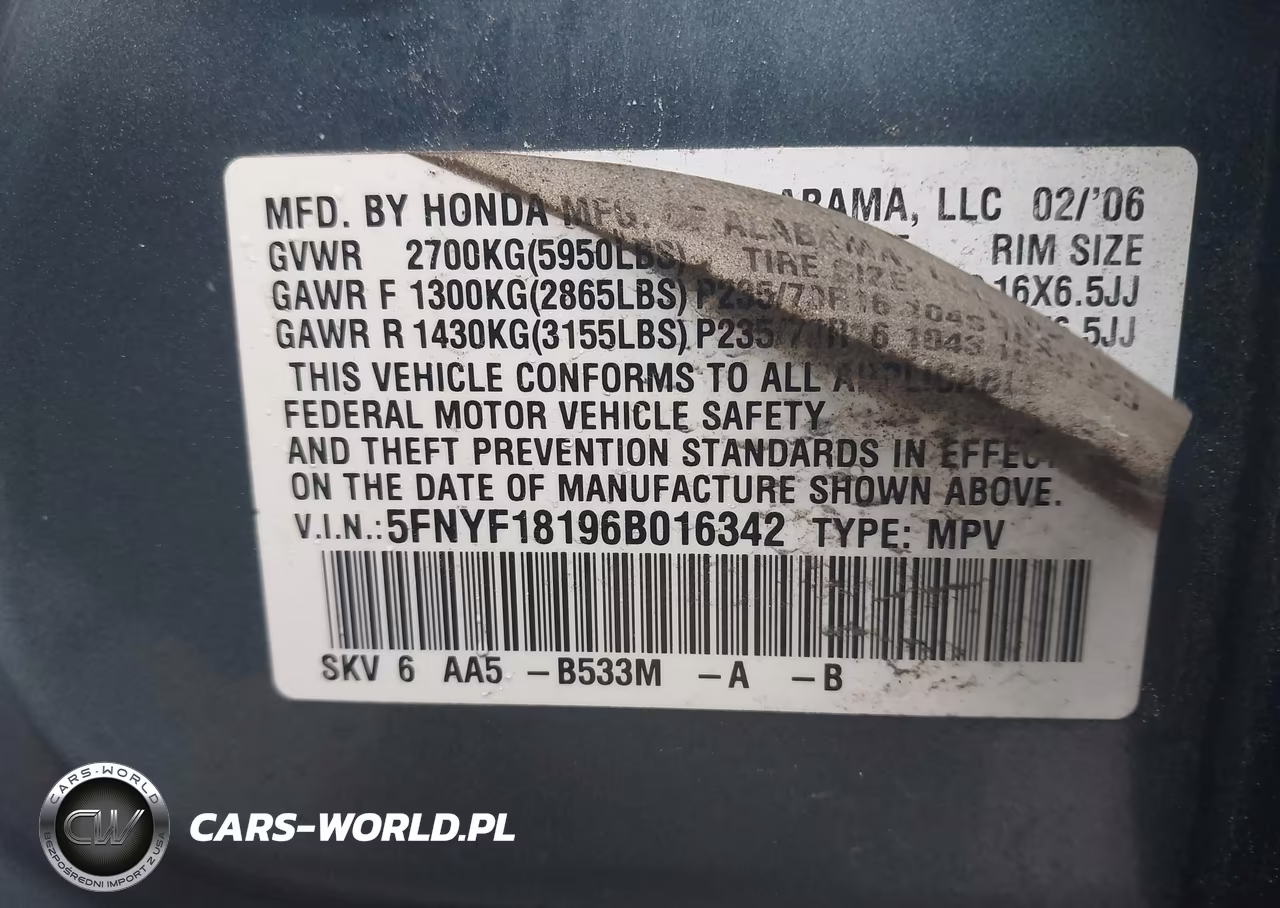 2006 Honda Pilot Lx VIN:5FNYF18196B016342 - 9
