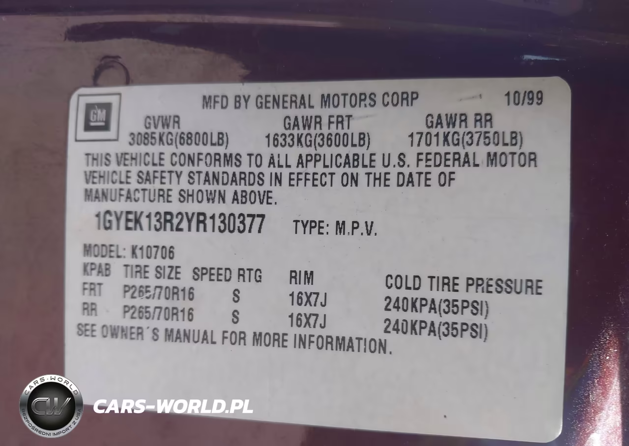 2000 Cadillac Escalade Standard VIN:1GYEK13R2YR130377 - 9