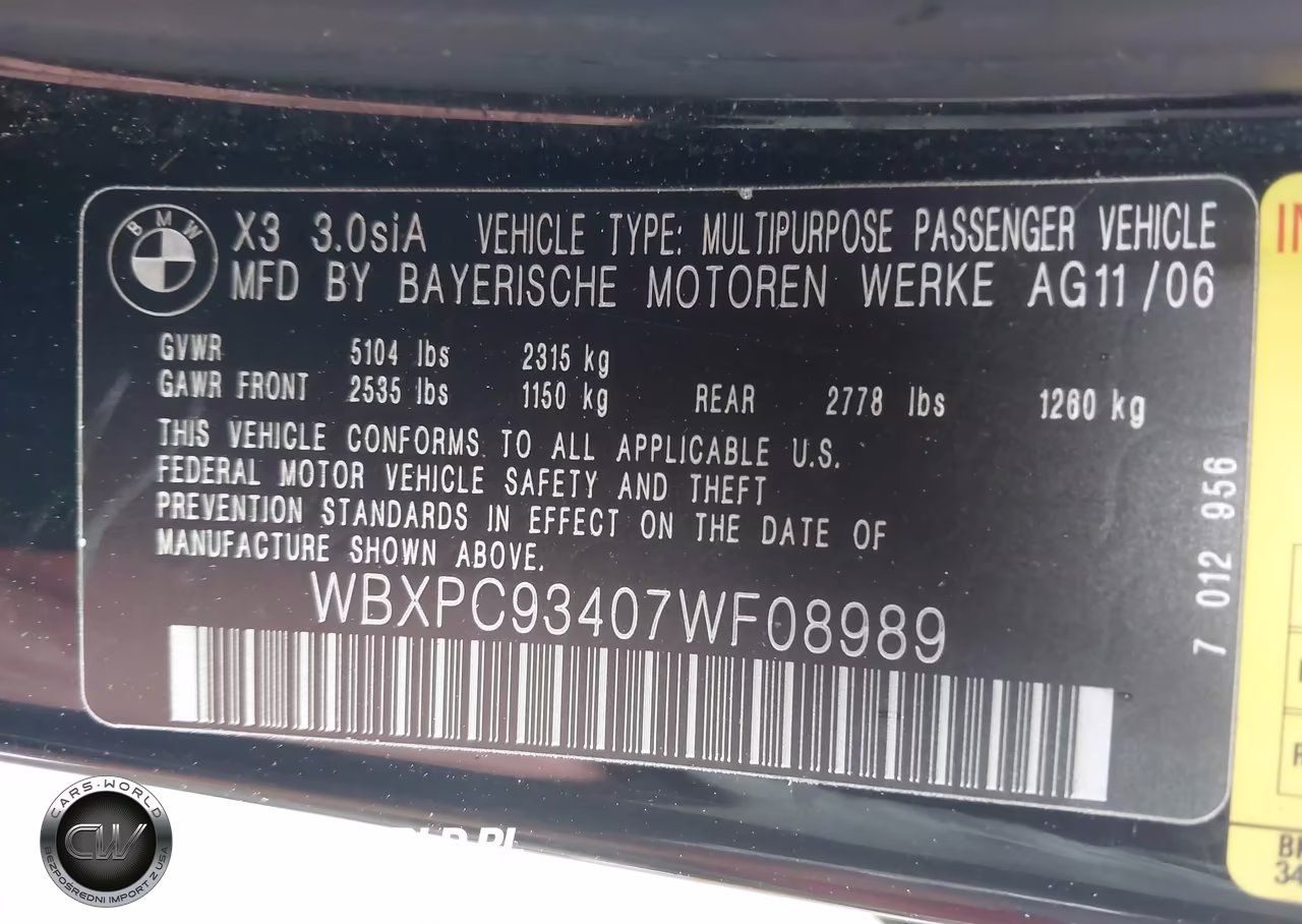 2007 BMW X3 3.0Si VIN:WBXPC93407WF08989 - 9