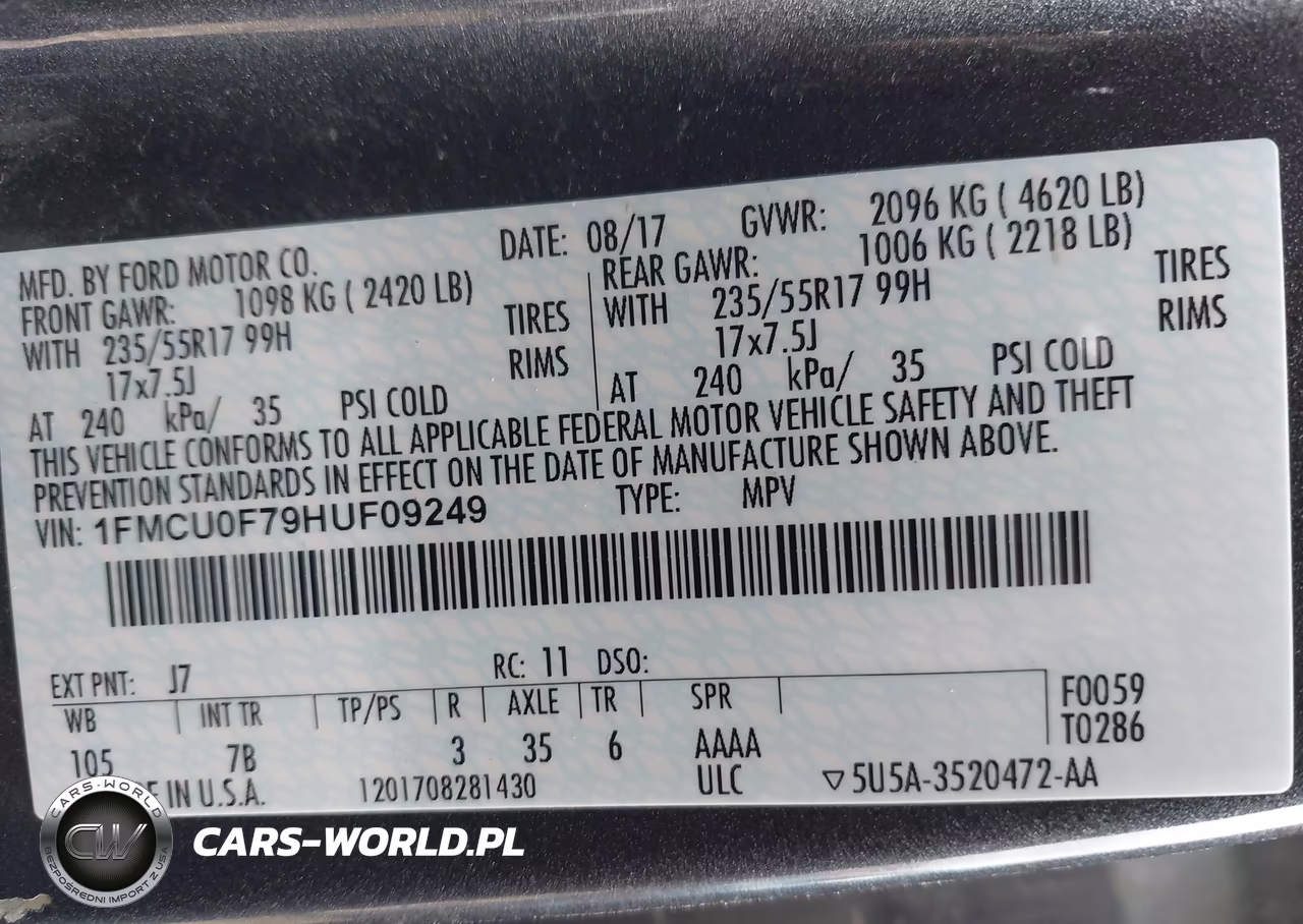 2017 Ford Escape S VIN:1FMCU0F79HUF09249 - 9