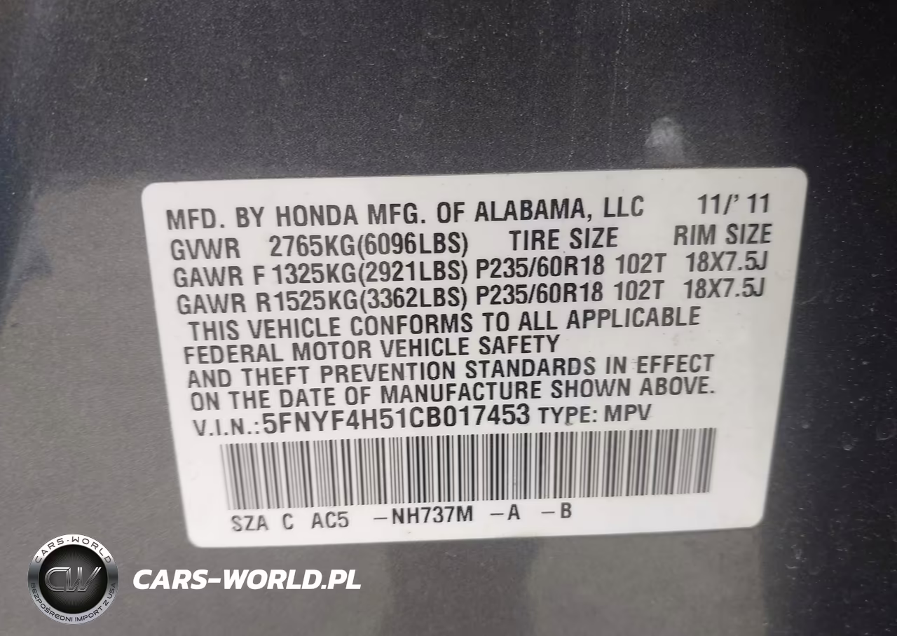 2012 Honda Pilot Ex-L VIN:5FNYF4H51CB017453 - 9