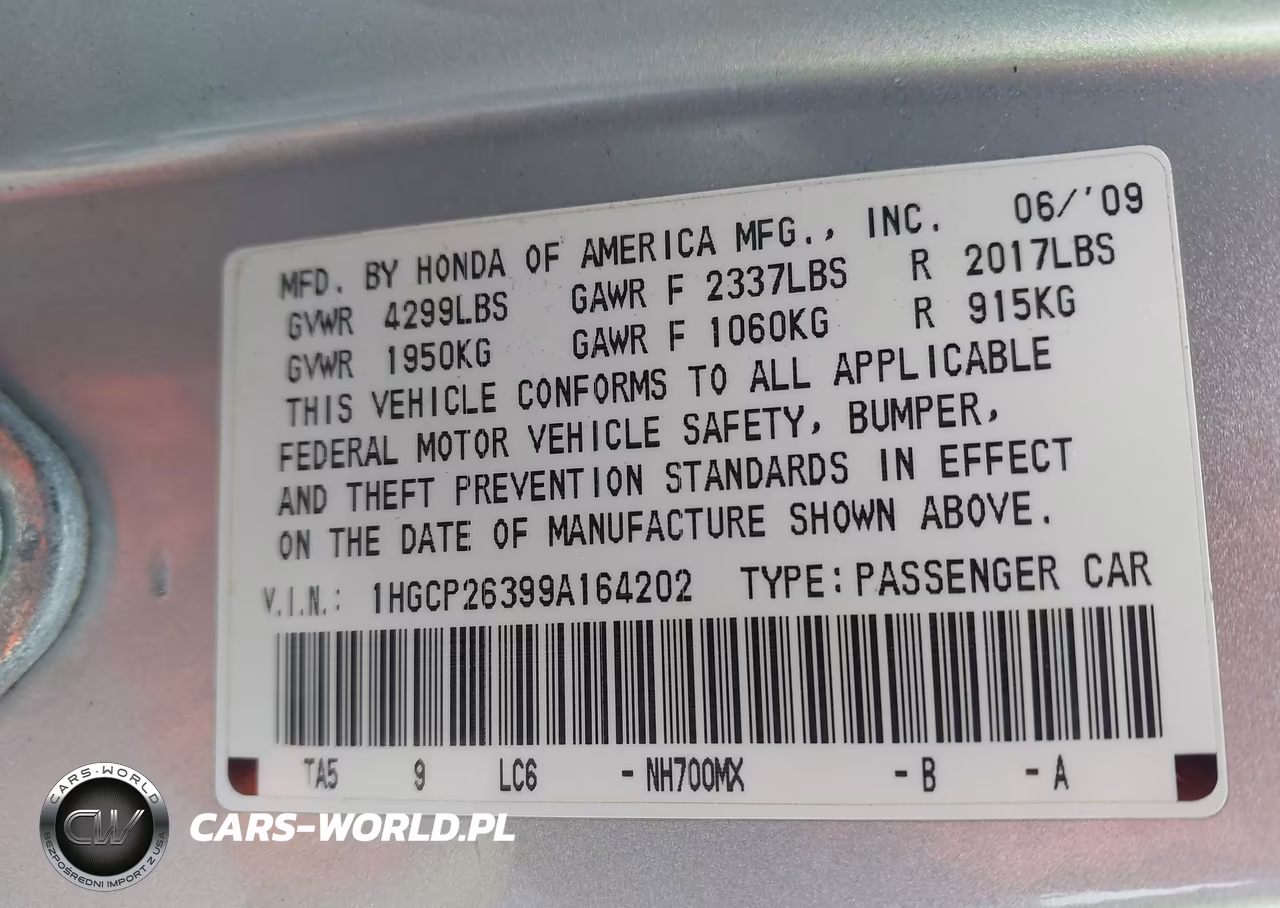 2009 Honda Accord 2.4 Lx VIN:1HGCP26399A164202 - 9