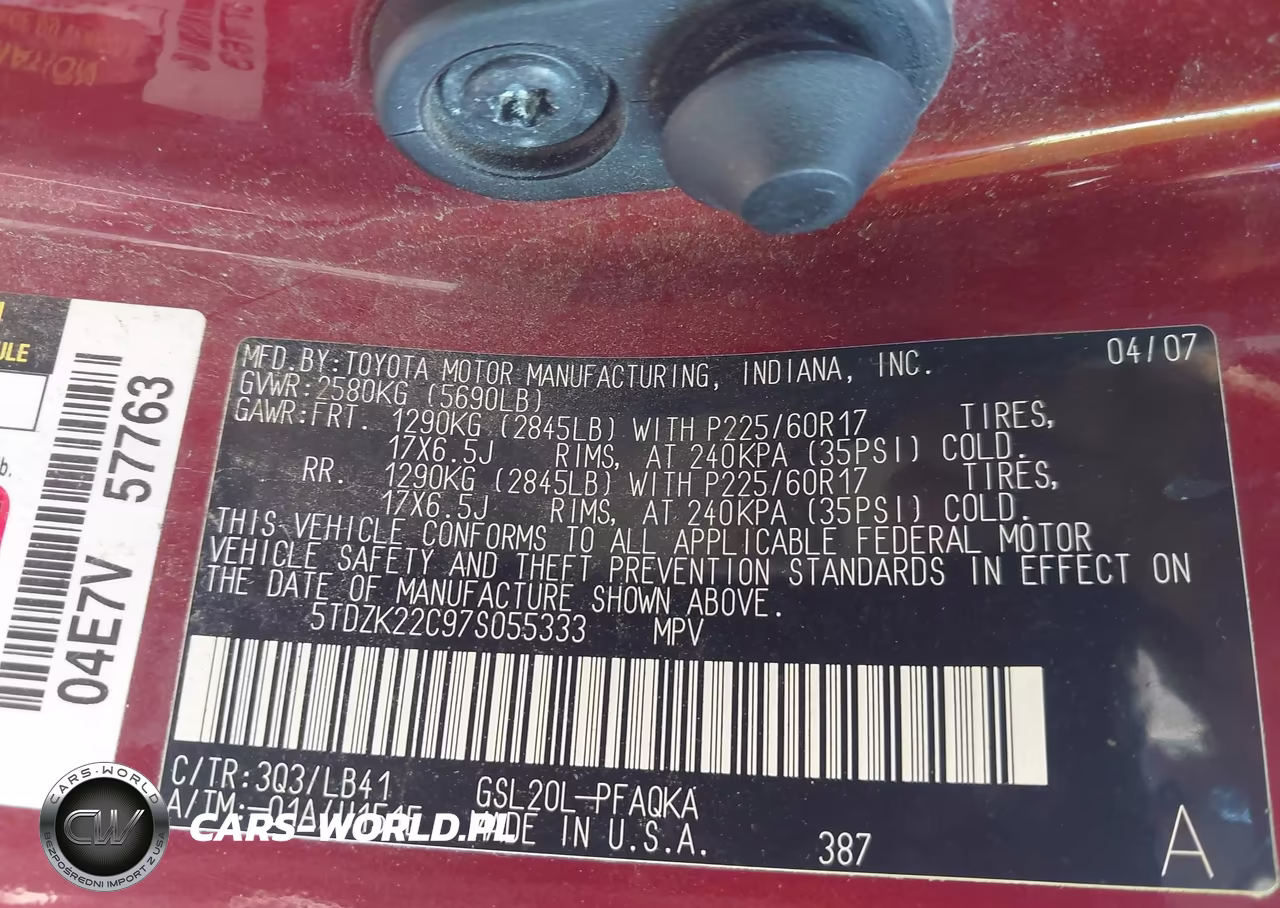 2007 Toyota Sienna Xle VIN:5TDZK22C97S055333 - 9