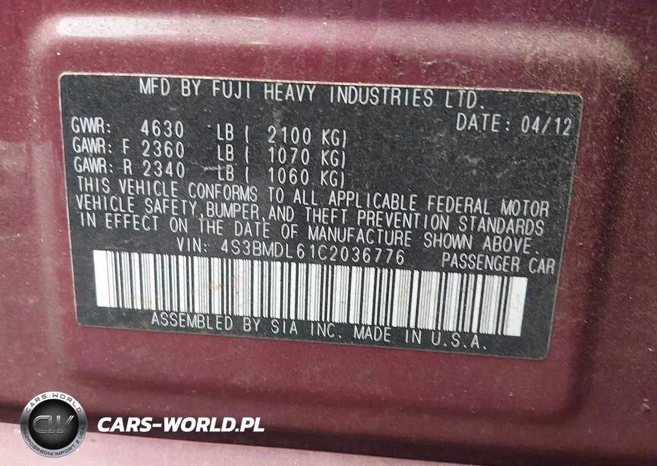 2012 Subaru Legacy 3.6R Limited VIN:4S3BMDL61C2036776 - 9
