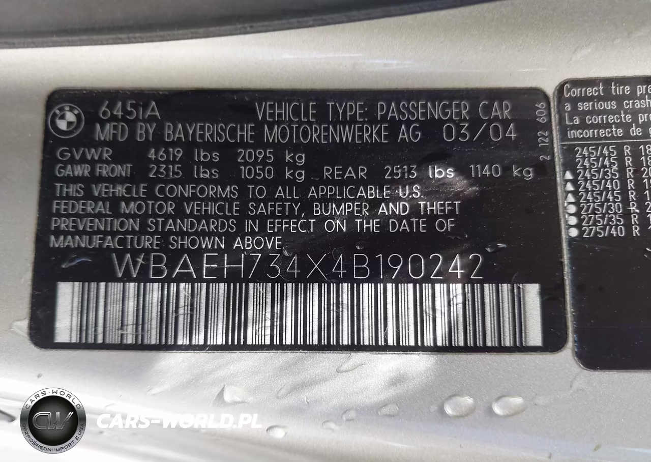 2004 BMW 645Ci VIN:WBAEH734X4B190242 - 9