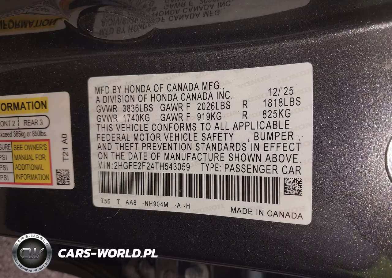 2026 Honda Civic Lx VIN:2HGFE2F24TH543059 - 9