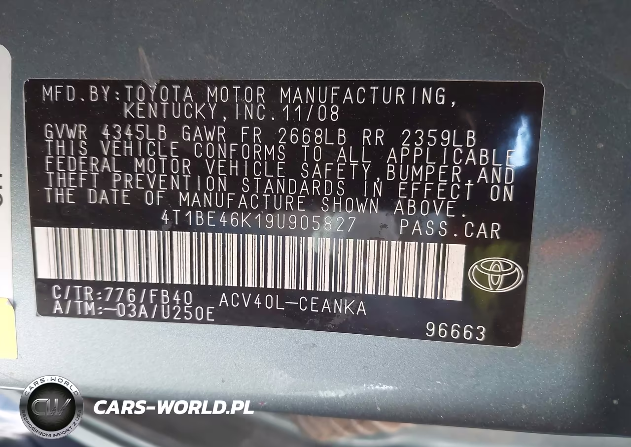 2009 Toyota Camry Le VIN:4T1BE46K19U905827 - 9
